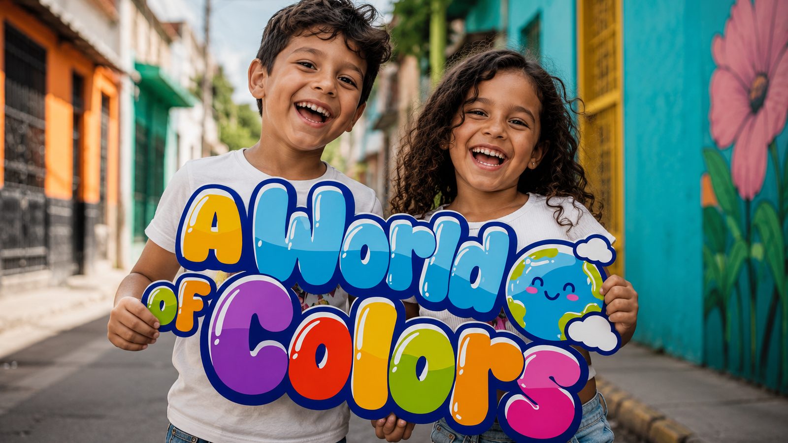 Dos niños sonriendo en la calle sosteniendo el cartel de A World of Colors
