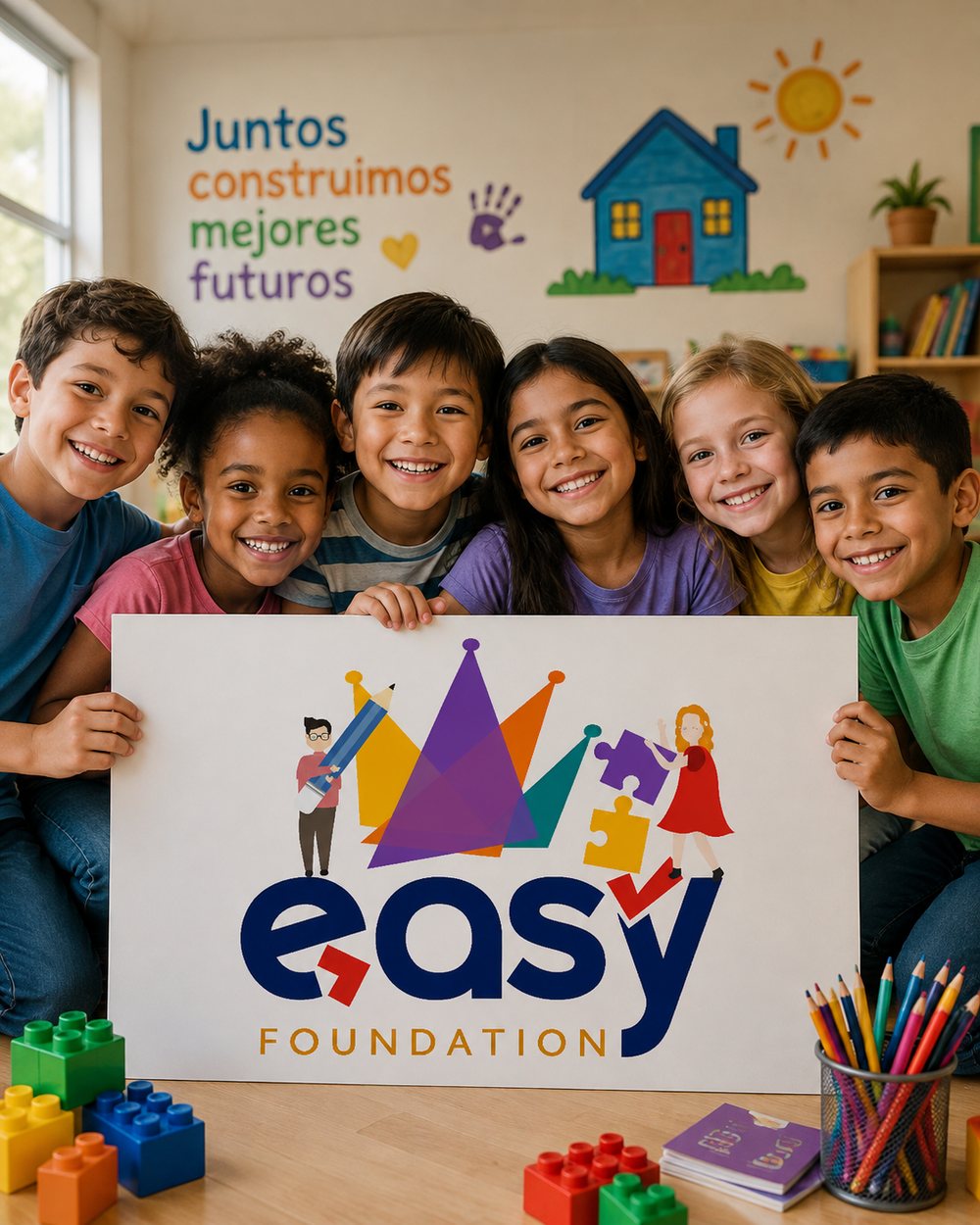 Grupo de niños sonriendo mientras sostienen un cartel con el logo de Easy Foundation