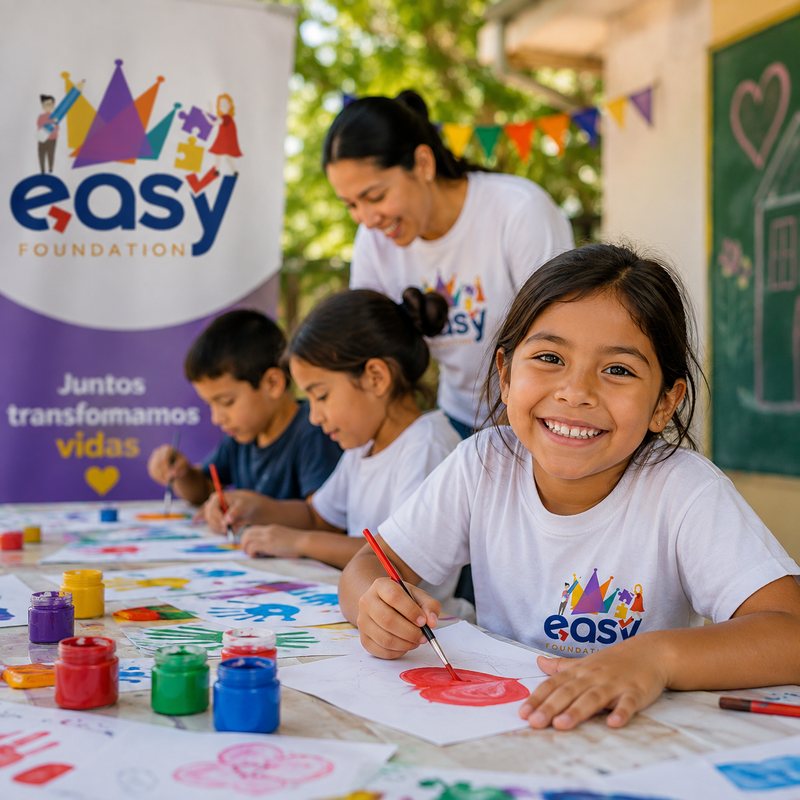 Niña pintando en un taller de arte de la fundación, acompañada por una voluntaria