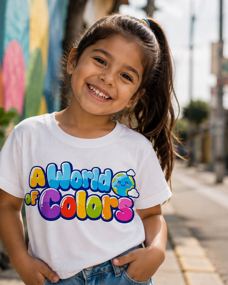 Niña sonriendo con la camiseta de A World of Colors